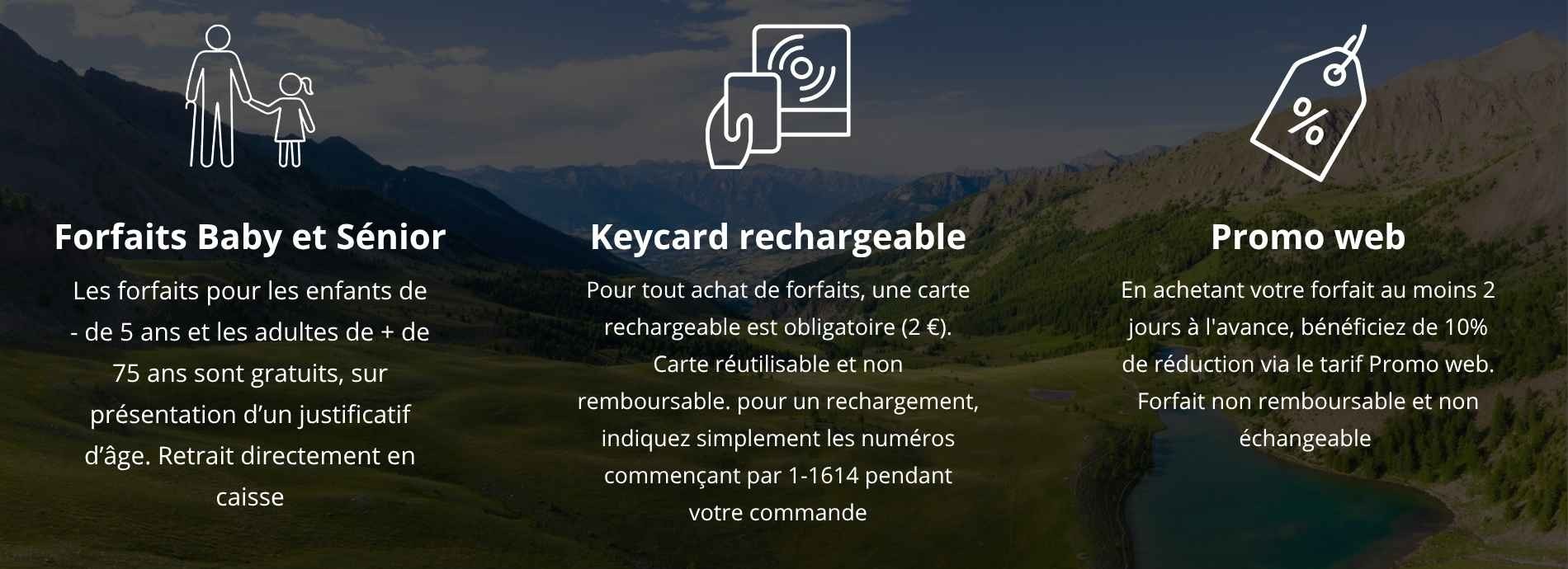 bandeau avec pictogrammes expliquant les conditions particulières d'achat de forfait