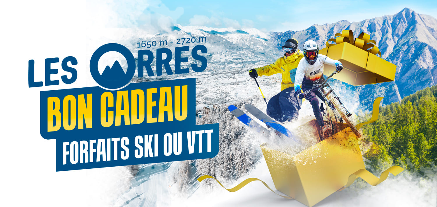 a guache le logo des orres, à droite un skieur et un vttiste sortant d'un paquet cadeau avec des montagnes en arrière plan