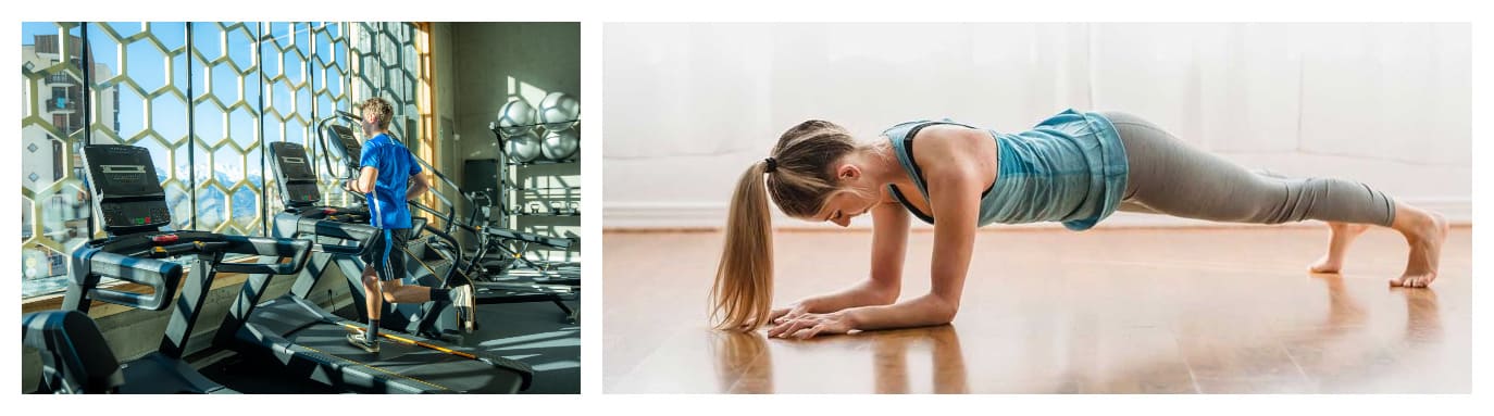 left side a man running on a mat, right side a woman doing stretching at the Pôle sport innovation